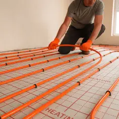 Instalator układa pomarańczowe rury systemu ogrzewania podłogowego na siatce. Idealna podłoga na ogrzewanie podłogowe.