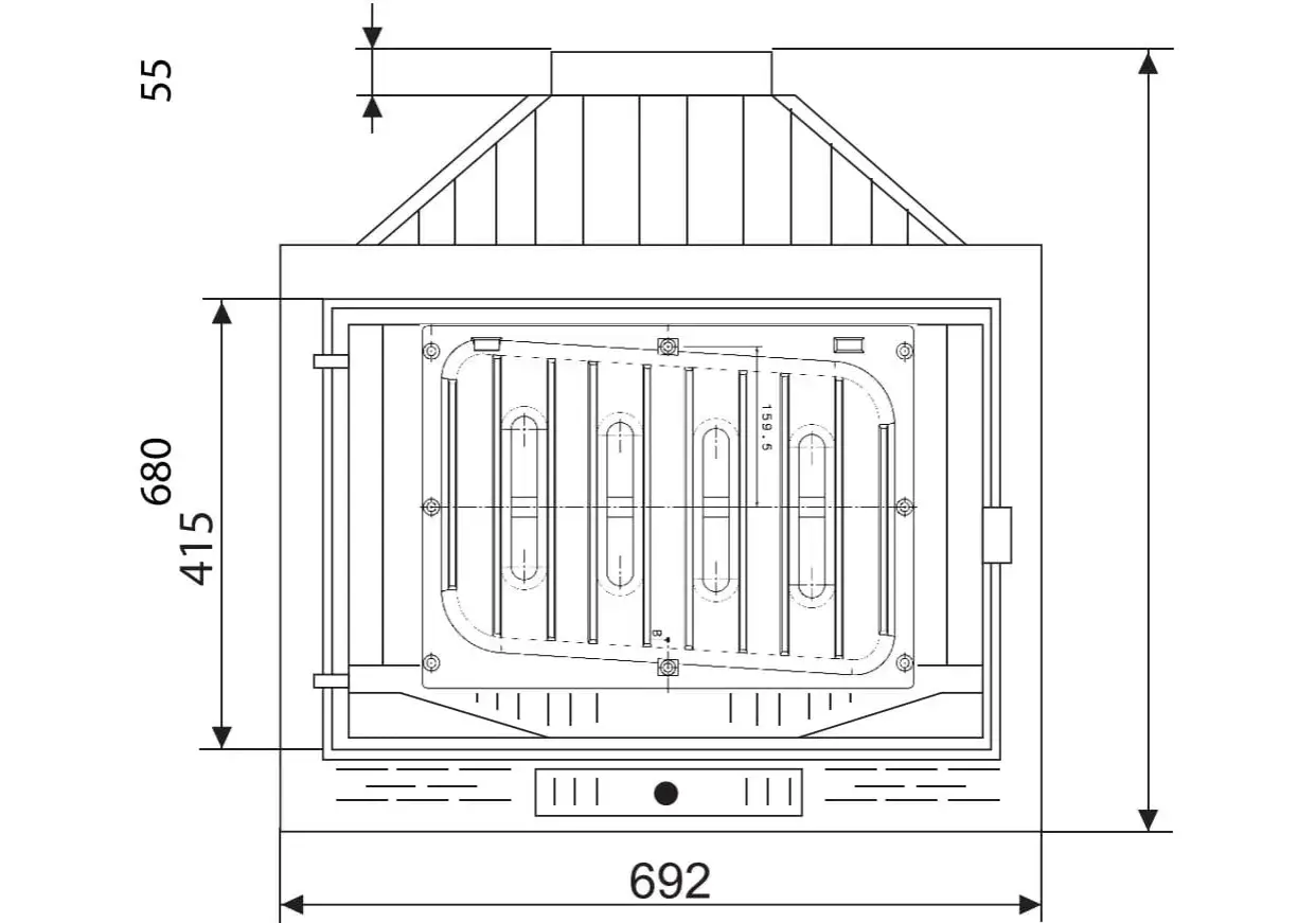 Rysunek techniczny z wymiarami kominka do salonu: szerokość 692 mm, wysokość 680 mm, głębokość 415 mm.