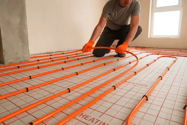 Instalator układa pomarańczowe rury systemu ogrzewania podłogowego na siatce. Idealna podłoga na ogrzewanie podłogowe.
